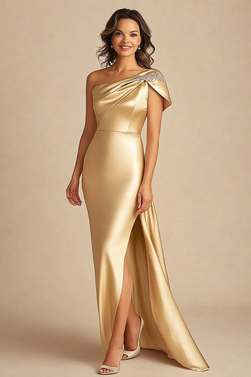Gold Satin Long One Shoulder Mother Of Bride Dress with Slit